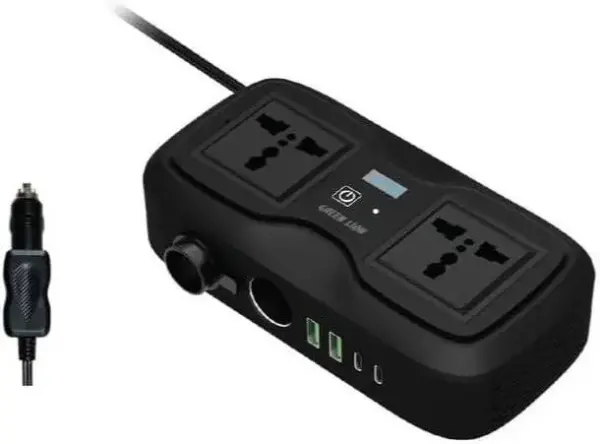 GREEN LION  POWER INVERTER |GC-233| 200W PAWER | 2 USB-A 2 USB-C |2 UNIVERSAL SOCKETS | PD 20W QC18W | BLACK